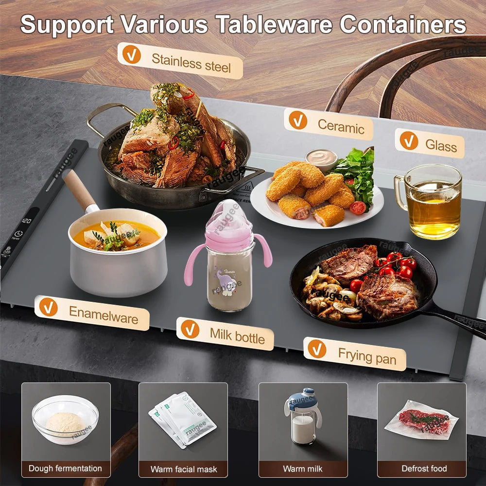 A collection of various tableware containers including a soup pot, milk bottle, frying pan, and food items shown on a dark tr