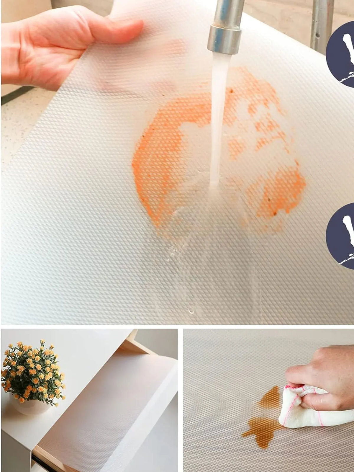 A hand is pouring water onto a white EVA waterproof non-slip drawer and shelf liner mat, causing an orange stain.