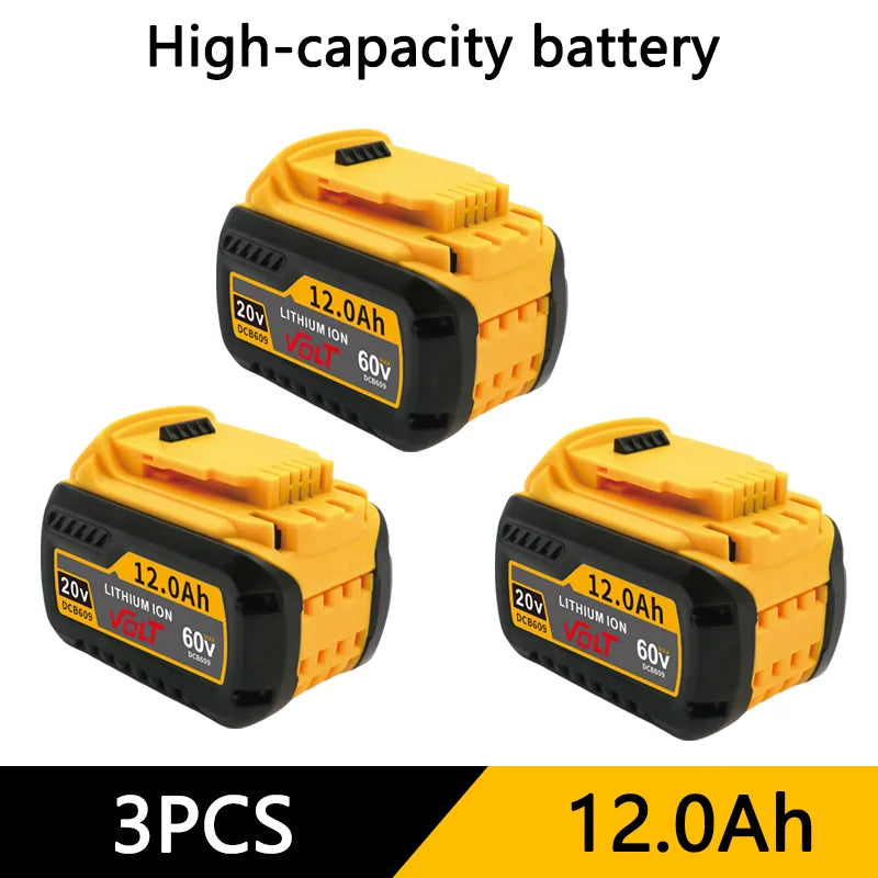 Three yellow and black high-capacity lithium ion batteries labeled 12.0Ah each.