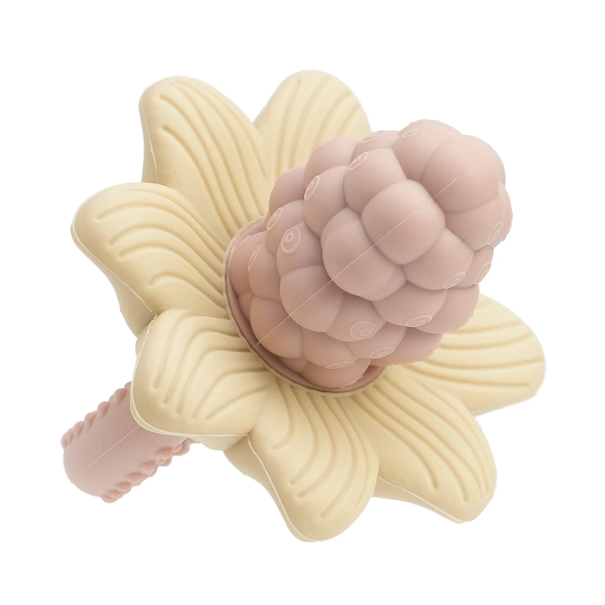 Silicone baby teether toys shaped like flowers and grapes in pale pink and cream colors.