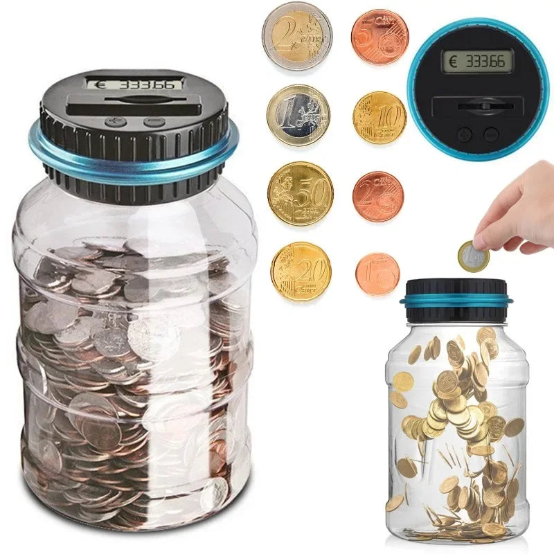 A clear glass piggy bank filled with coins, next to various gold and silver coins and a digital coin counting device.