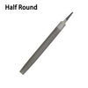 A silver half round diamond file for chainsaw sharpening, shown in profile view.
