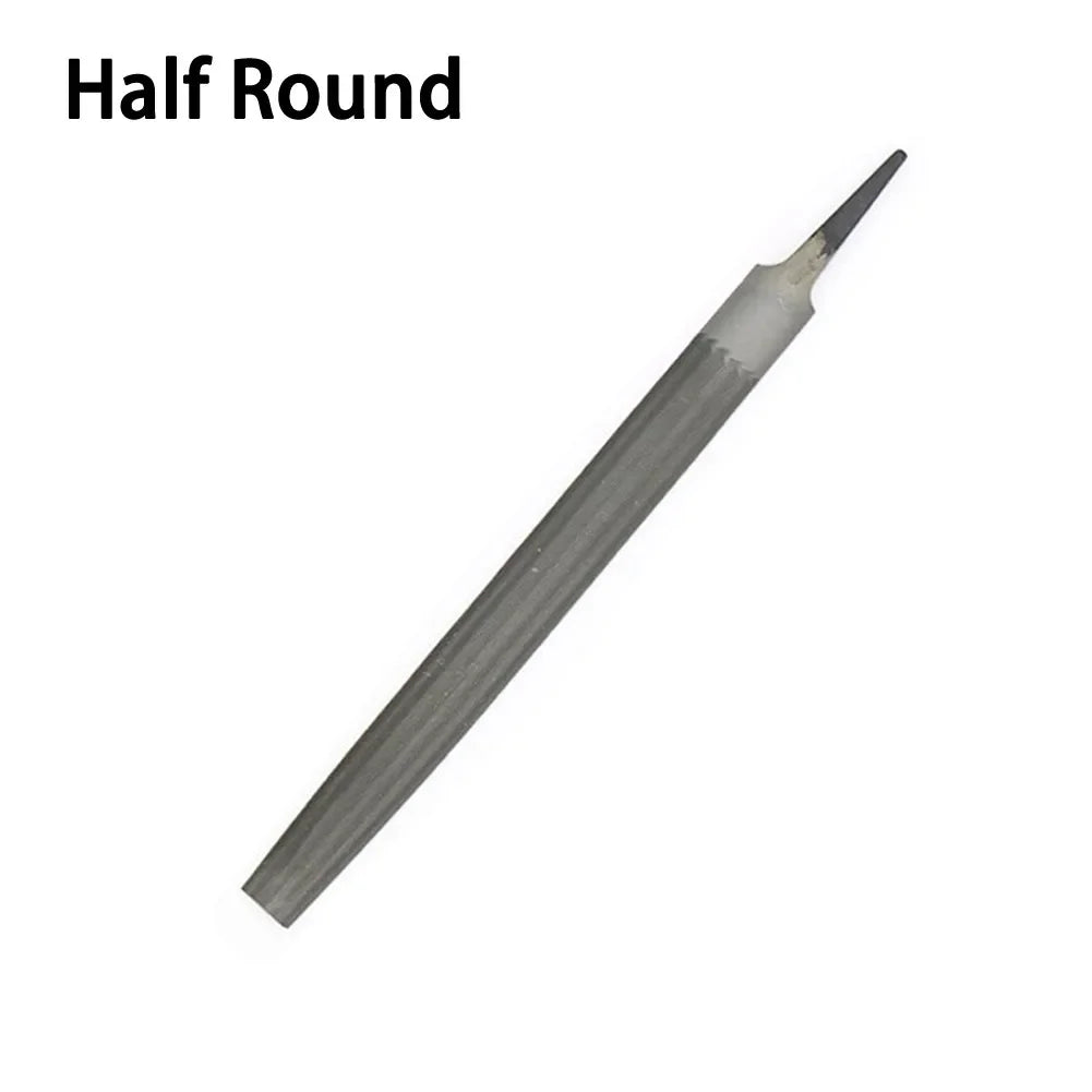 A silver half round diamond file for chainsaw sharpening, shown in profile view.