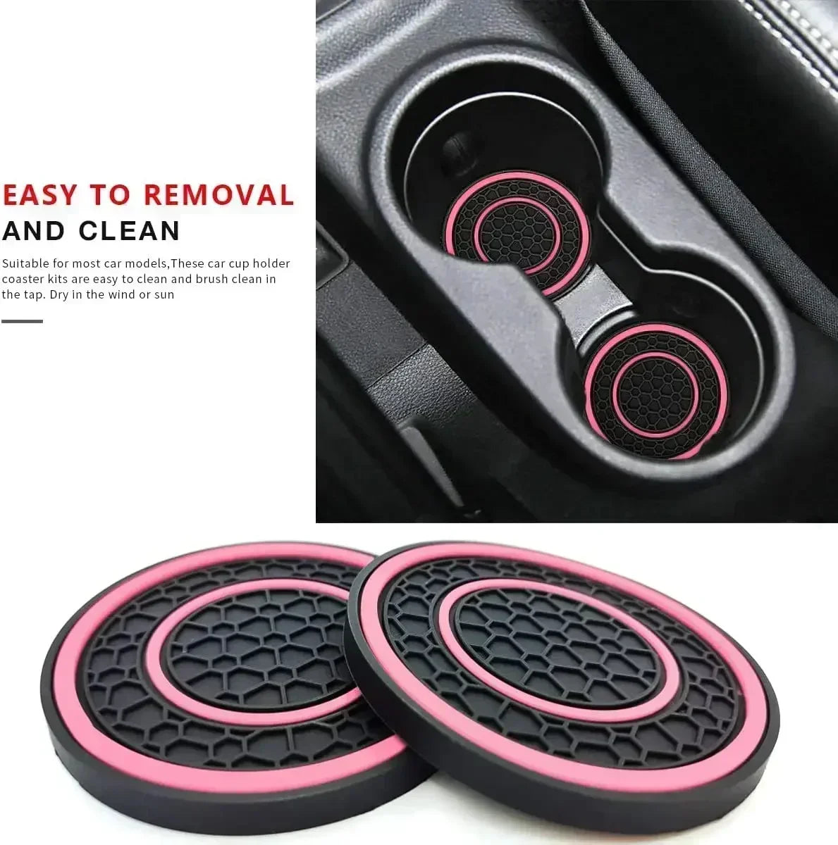 A set of two black and pink non-slip silicone car cup holder coasters shown in various angles.
