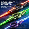 A close-up of a retractable double-ended LED sword with rotating blades displaying various rich light effects and colors.