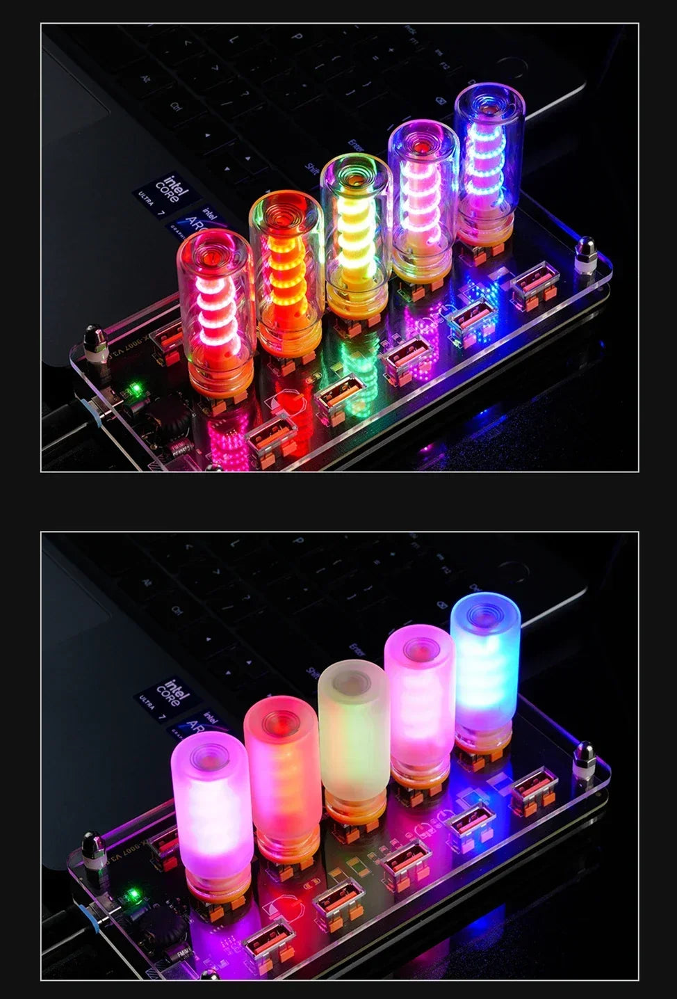 A close-up of a Touch Control Dimmable USB LED Night Light with frosted glass design featuring multiple colored lights on a c