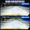 Comparison of low beam and high beam headlights illuminating a road with various light beams.