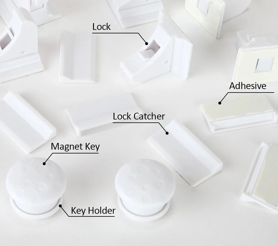 White invisible magnetic cabinet lock components including a lock, adhesive, magnet key, and key holder.