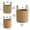 Three sizes of handwoven cotton rope storage baskets labeled S, M, and L shown with dimensions.