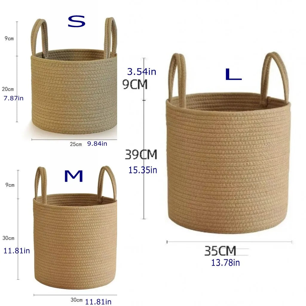 Three sizes of handwoven cotton rope storage baskets labeled S, M, and L shown with dimensions.