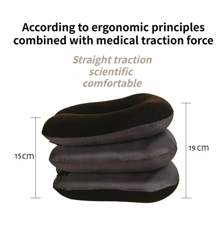 A black inflatable cervical traction neck stretcher used for pain relief and relaxation.