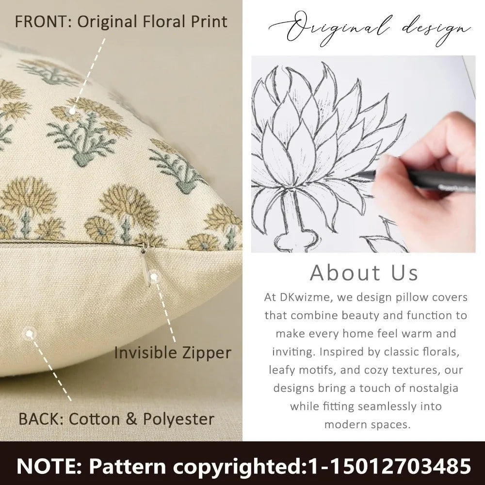 Front and back views of a beige floral print pillow cover made of cotton and polyester.