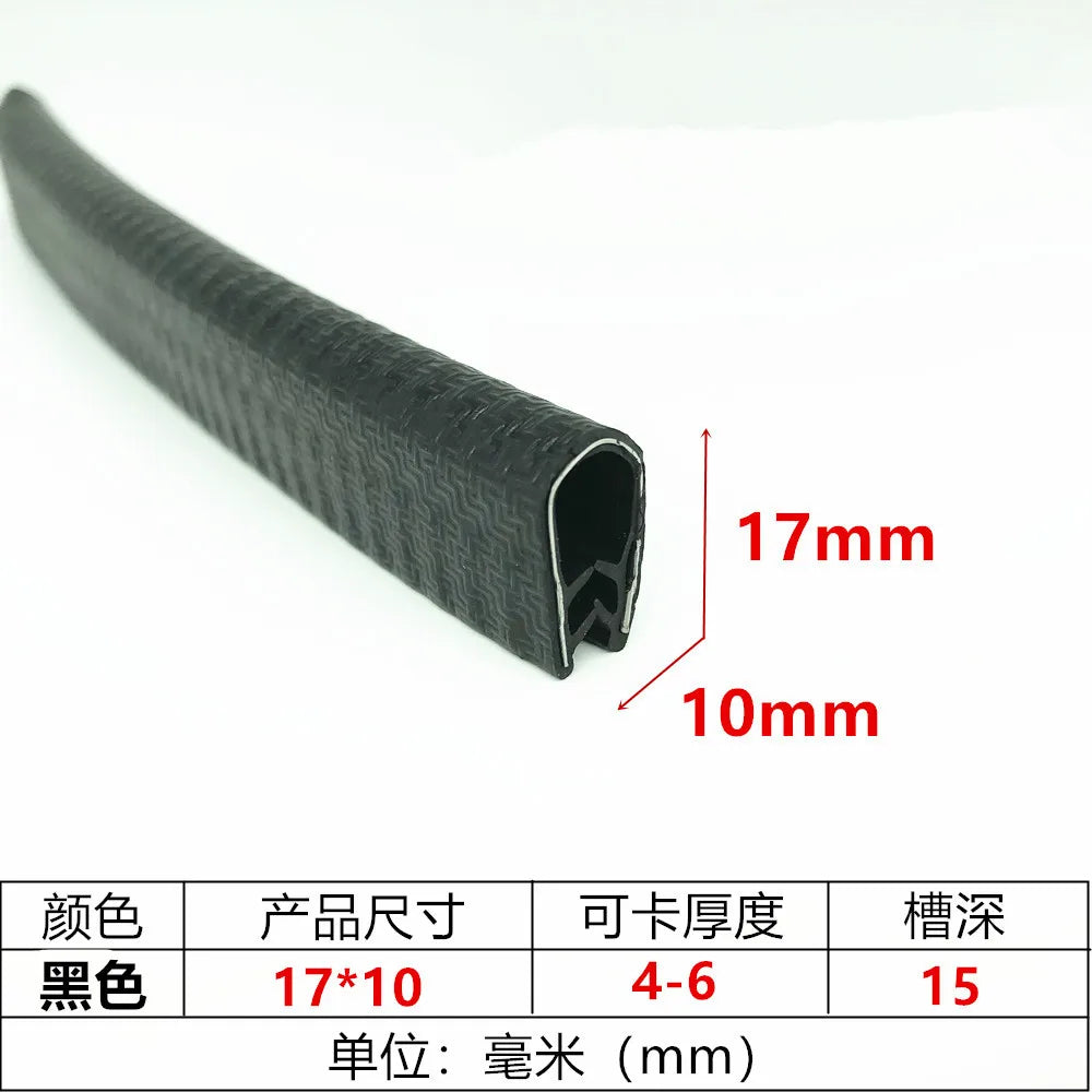 Black U-shaped rubber edge trim with a metal core, measuring 17mm by 10mm.