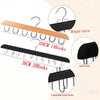 Wooden hanging organizer with hooks for belts and hats, showing various hook types and features.
