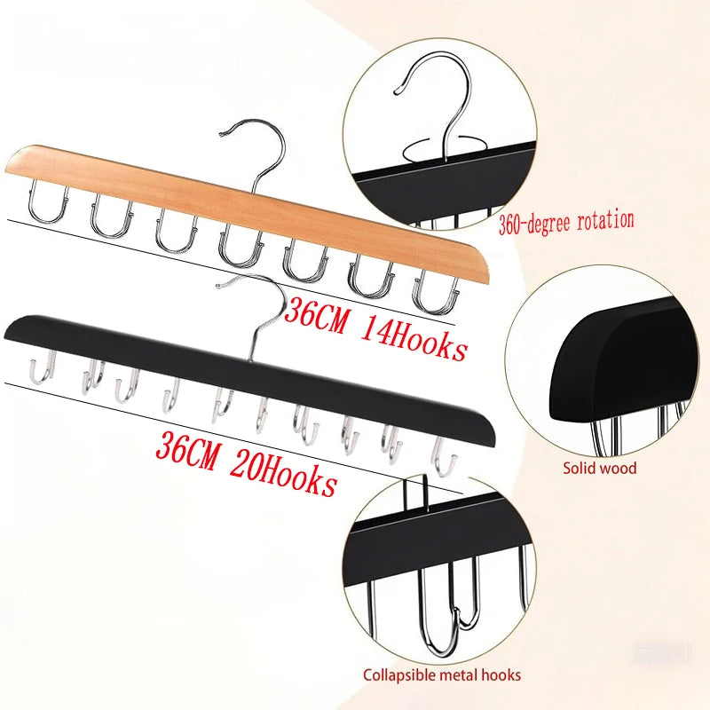Wooden hanging organizer with hooks for belts and hats, showing various hook types and features.