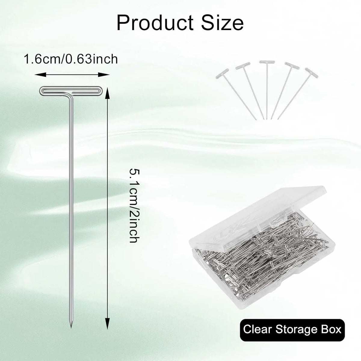 A clear storage box of 2-inch carbon steel T-pins with multiple pins shown alongside size measurements.