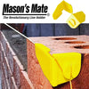 Yellow Mason's Mate line holder clips being used to secure a wire line across a brick wall.