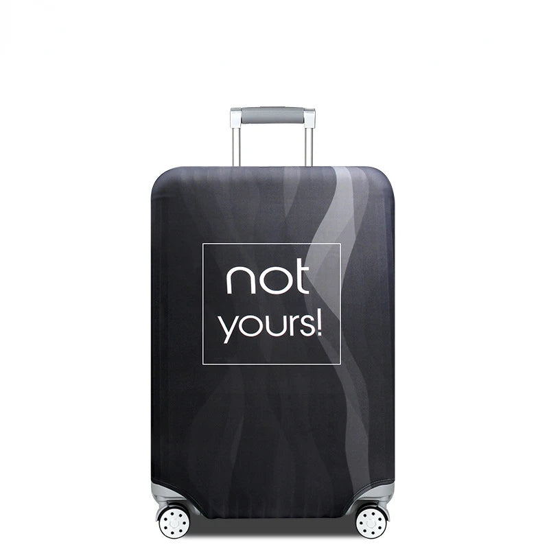 A black suitcase with a silver handle and a clear graphic that reads not yours!
