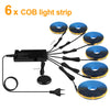 Six strips of blue and yellow COB light strips with connectors and power cables.
