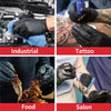 Four panels showing black nitrile disposable gloves used in industrial, tattoo, food, and salon contexts.