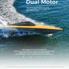 A yellow and black two-channel remote control speedboat with a twin screw design cutting through blue water.