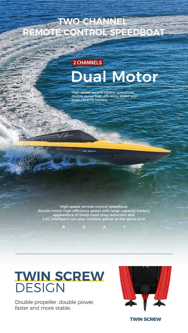 A yellow and black two-channel remote control speedboat with a twin screw design cutting through blue water.