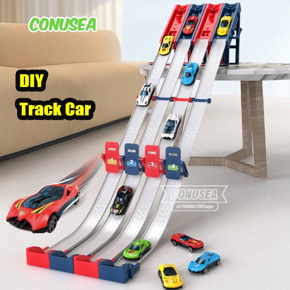 A DIY track car set featuring a red and black race car on a silver slide with various die-cast cars.