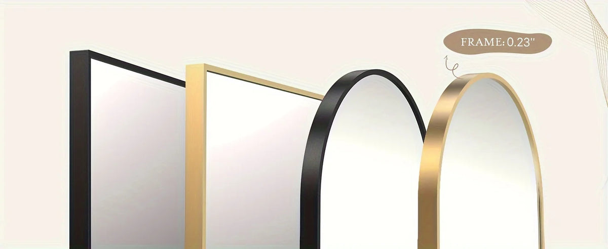 A series of full-length arched floor mirrors with aluminum and black frames displayed against a light background.