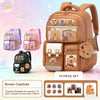 Brown Capybara kids school backpack featuring a trumpet design and various cute animal figures