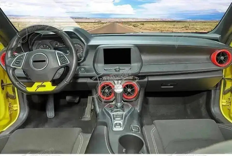 Interior view of a Chevrolet Camaro showing red interior and exterior trim components.