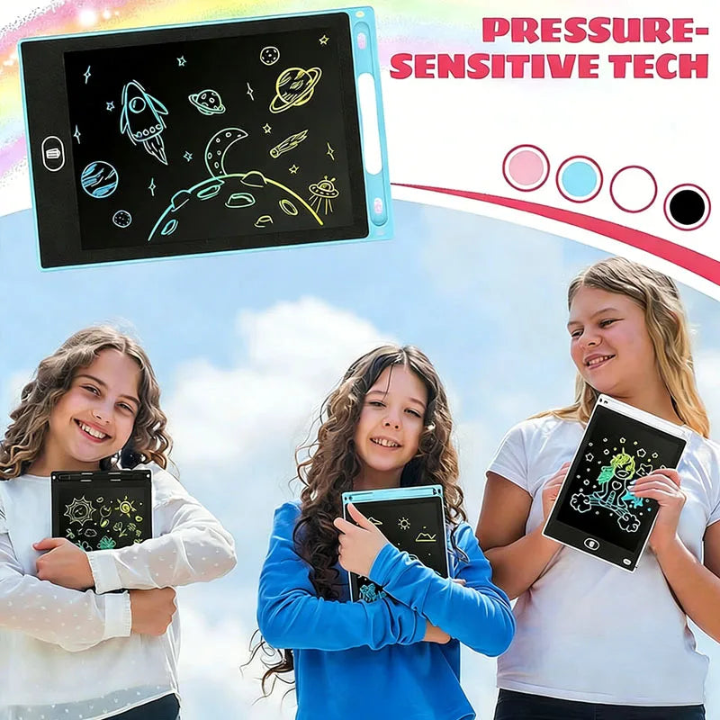 Three girls are shown holding or interacting with a pressure-sensitive tablet displaying a space scene.