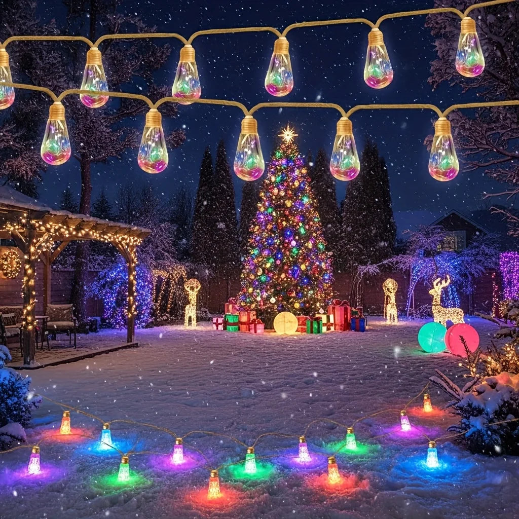 Outdoor holiday display featuring warm yellow string lights and colorful LED lights illuminating a snowy yard with a decorate