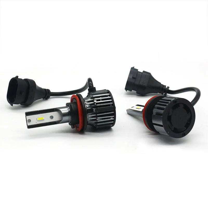 A set of high-performance LED headlight bulbs with cooling fans and connectors.
