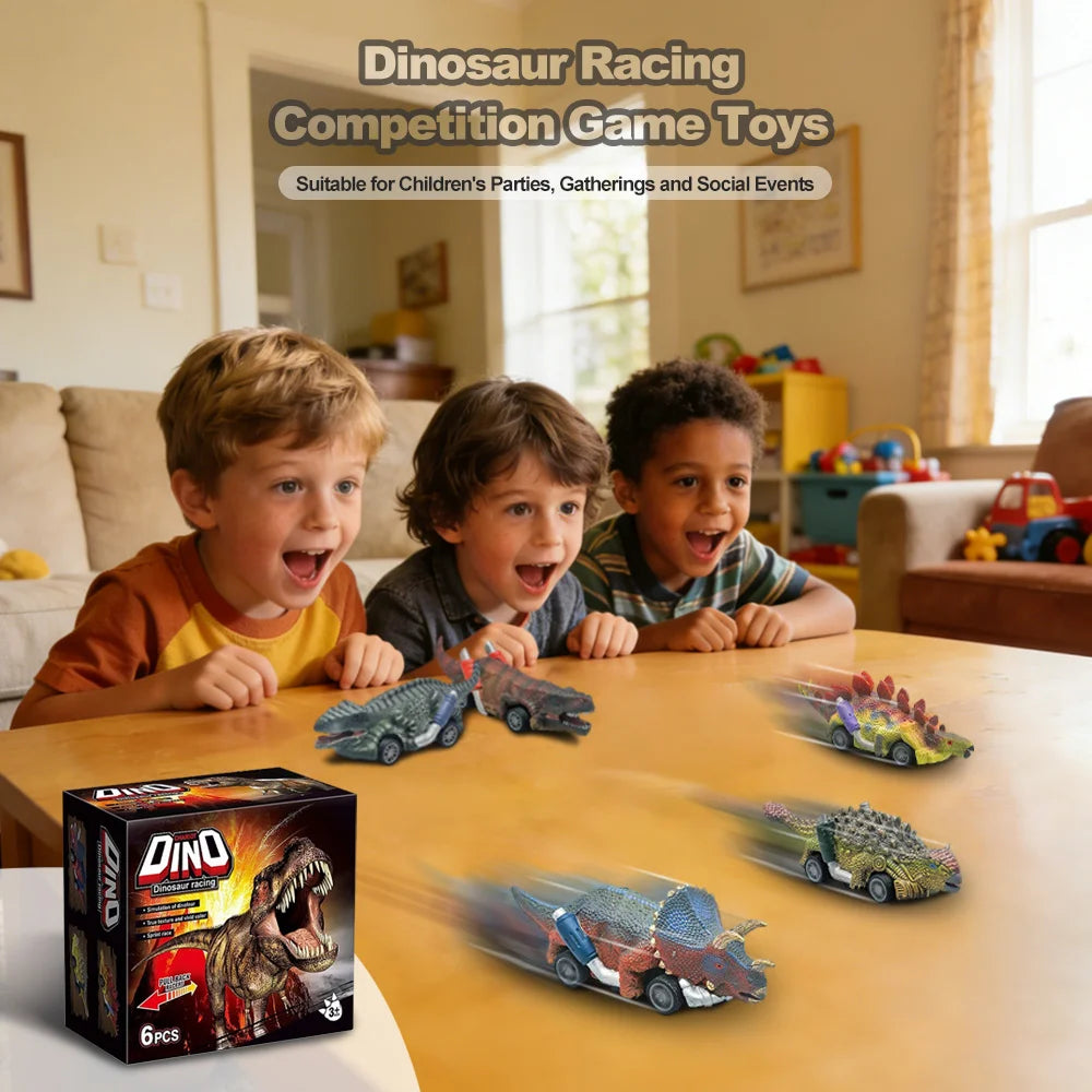 A set of six dinosaur pull-back toy cars is displayed on a wooden table with children in the background.