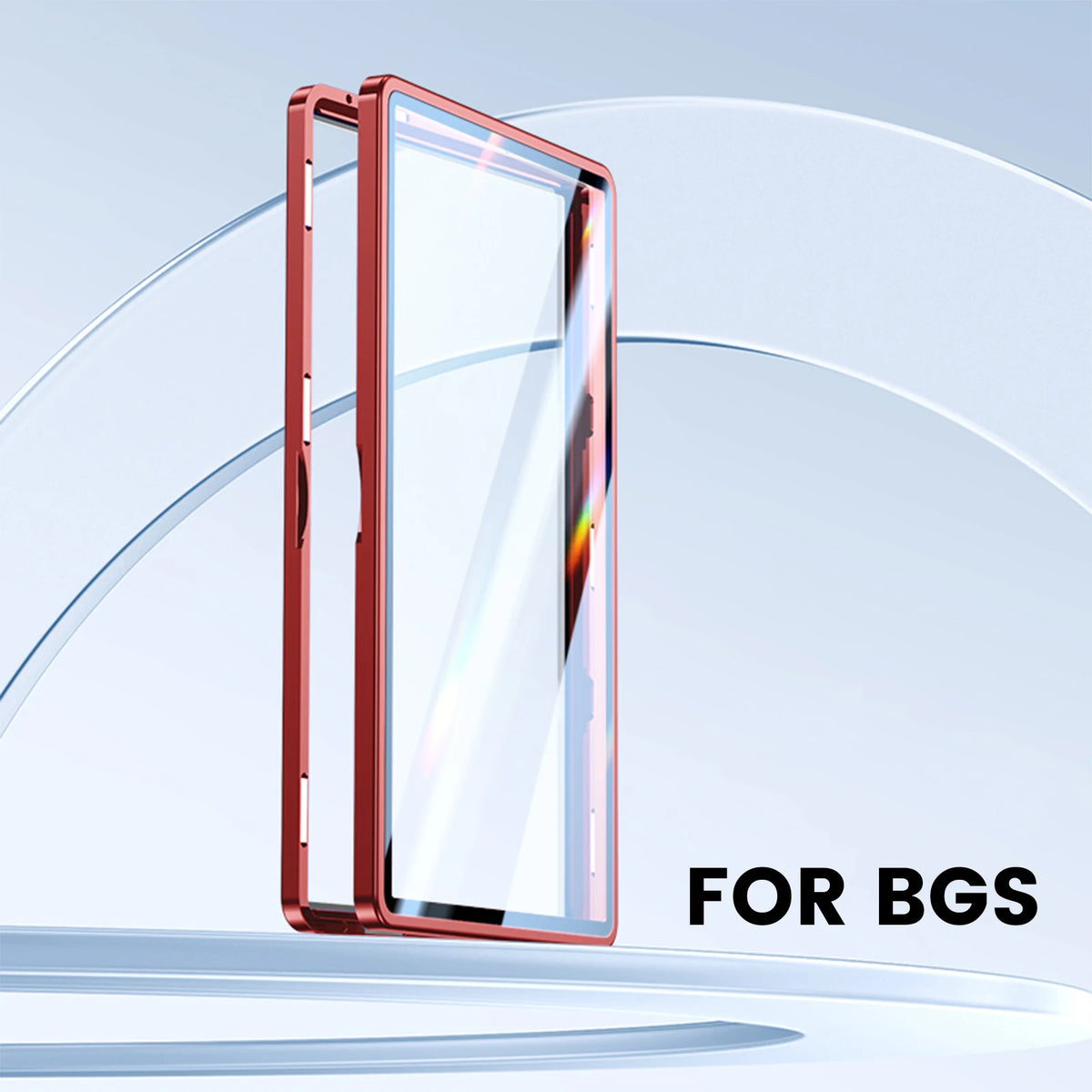 A transparent protective display case for a trading card, featuring a rose gold frame and glass panel.
