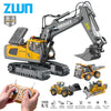 A yellow remote control construction excavator with a dump truck attachment and various accessories.