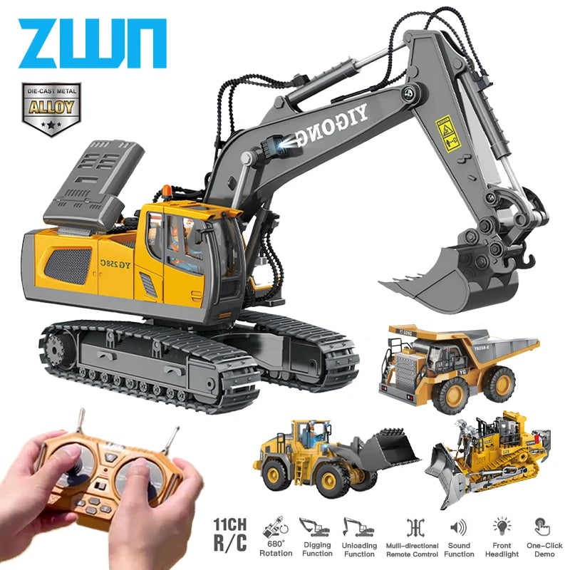 A yellow remote control construction excavator with a dump truck attachment and various accessories.