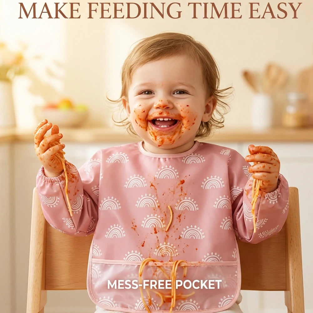 A smiling baby wearing a pink bib with a mess-free pocket, covered in food, sitting in a wooden chair.