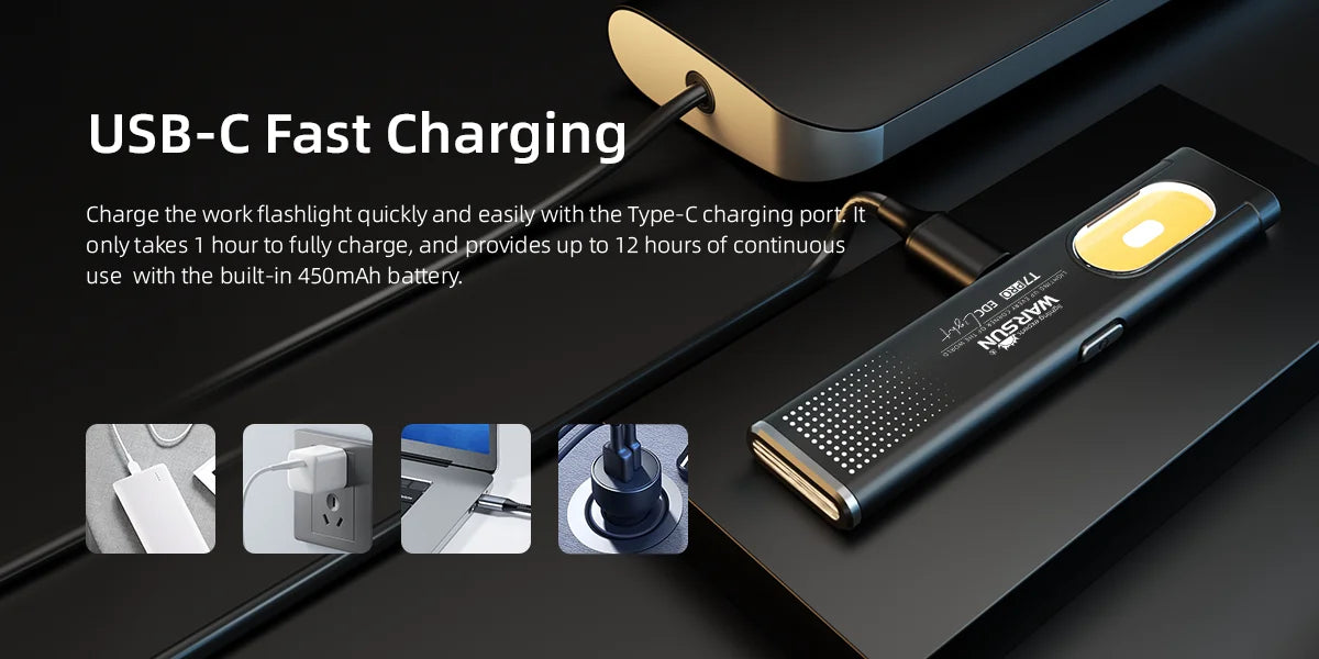 Schwarze, portable LED-Taschenlampe mit magnetischer Basis, die über USB-C lädt.