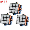 A close-up view of a MoYu MeiLong 3x3x3 stickerless speed cube with orange and blue colored pieces.