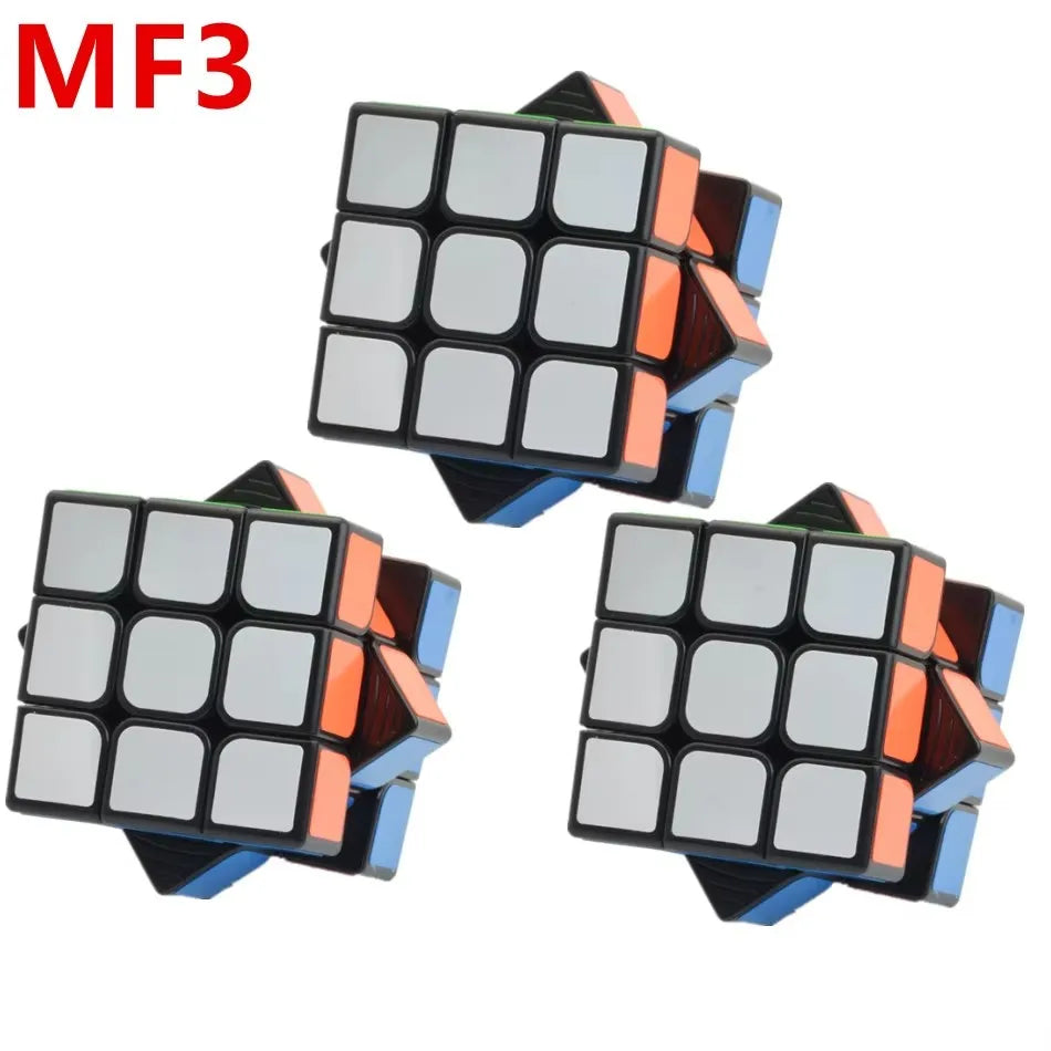 A close-up view of a MoYu MeiLong 3x3x3 stickerless speed cube with orange and blue colored pieces.
