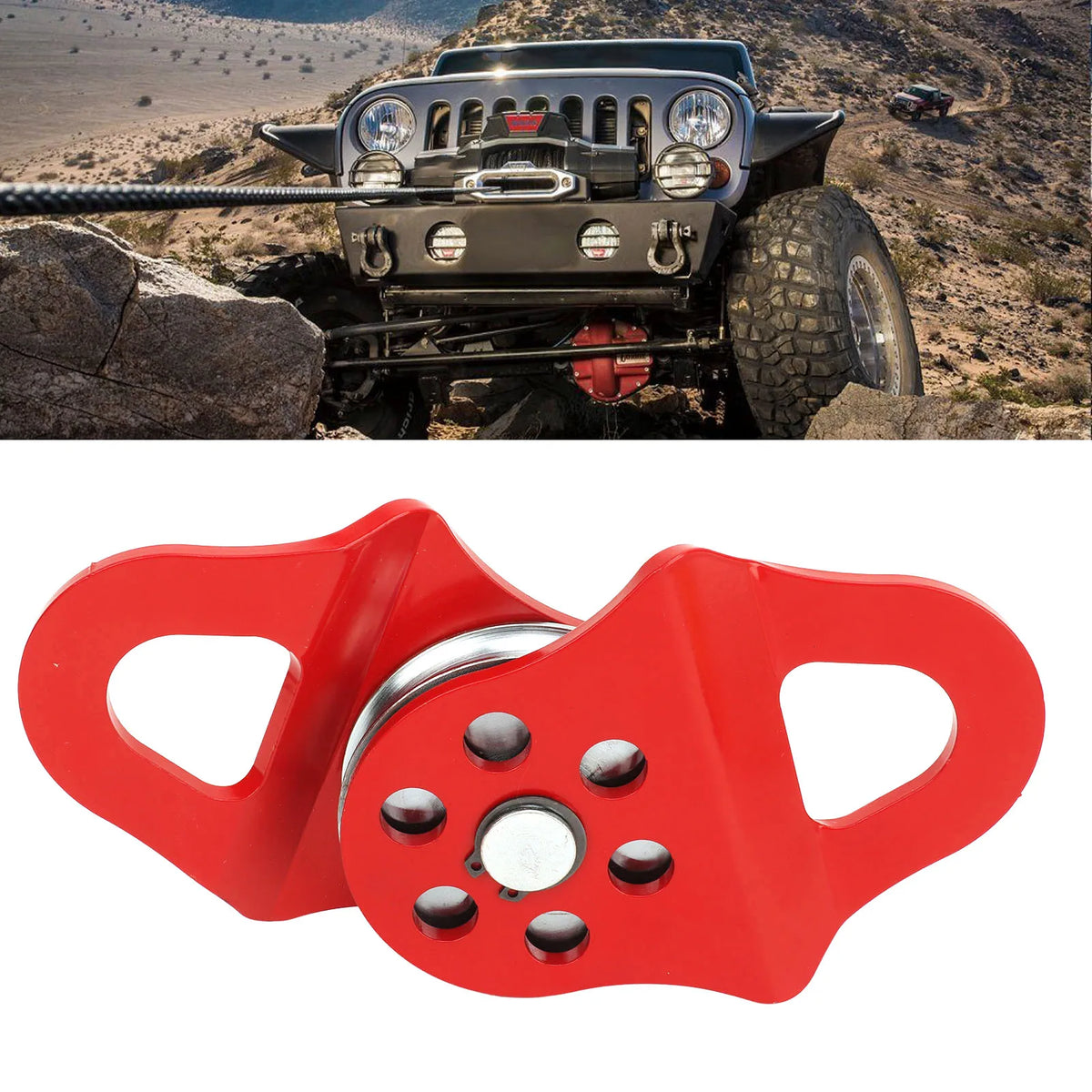 Red heavy duty snatch block with mounting holes for off-road winching