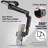 Black cell phone holder with long adjustable arm and press buttons for 360 degree rotatable viewing.