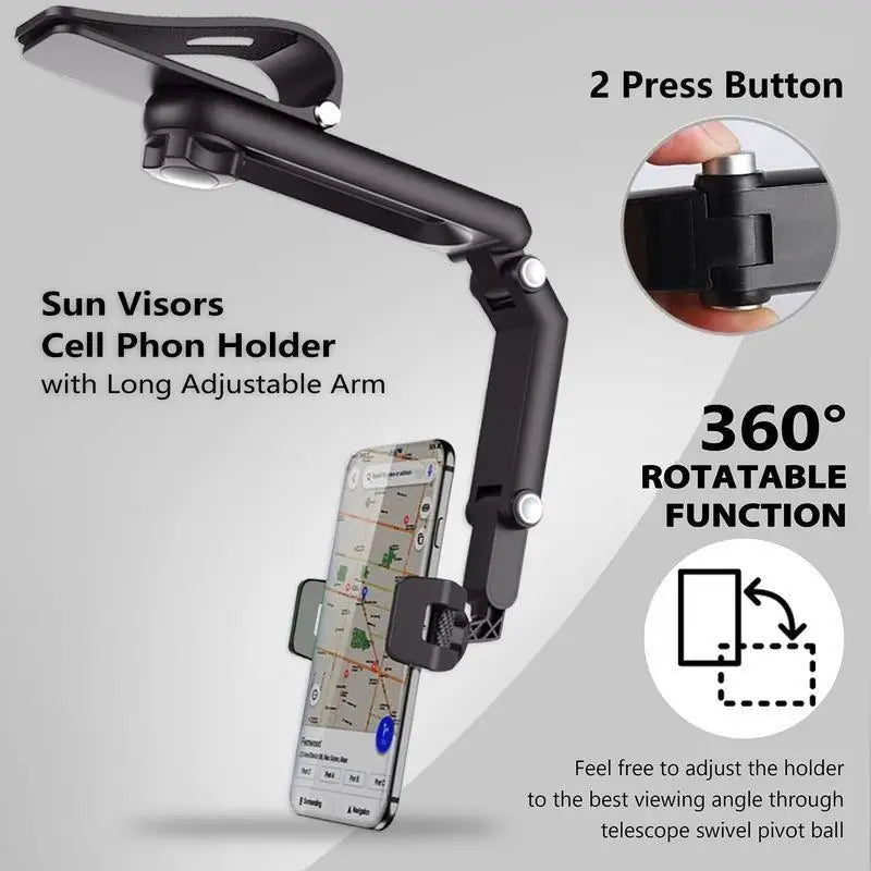 Black cell phone holder with long adjustable arm and press buttons for 360 degree rotatable viewing.