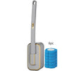A disposable toilet cleaning brush with a gray handle and a blue cleaning head is shown next to six brushes.