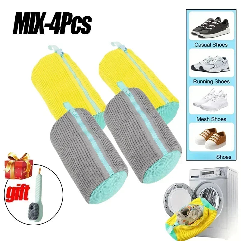 Yellow and gray reusable shoe laundry bags for machine washing