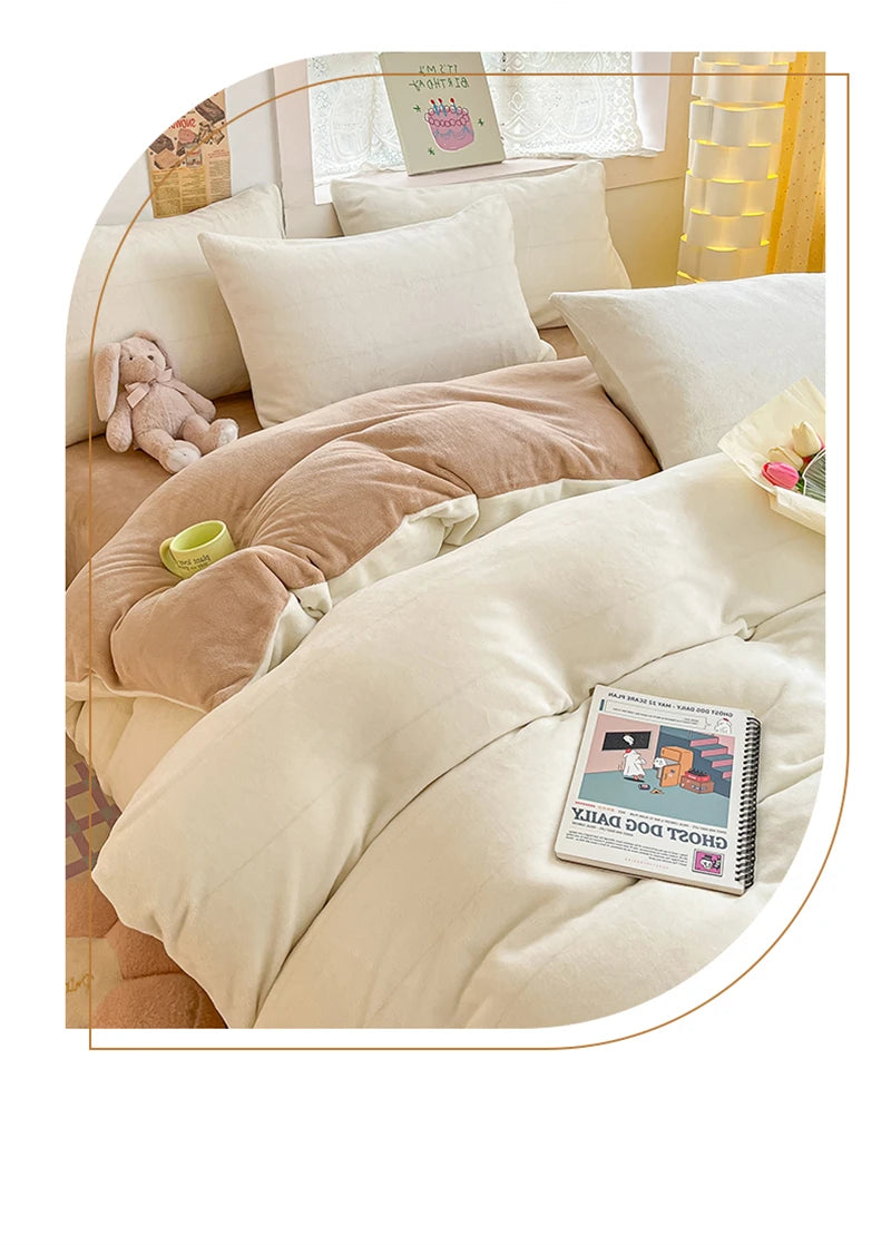 A cozy milk velvet bedding set featuring a duvet cover, pillowcases, and a stuffed rabbit toy.