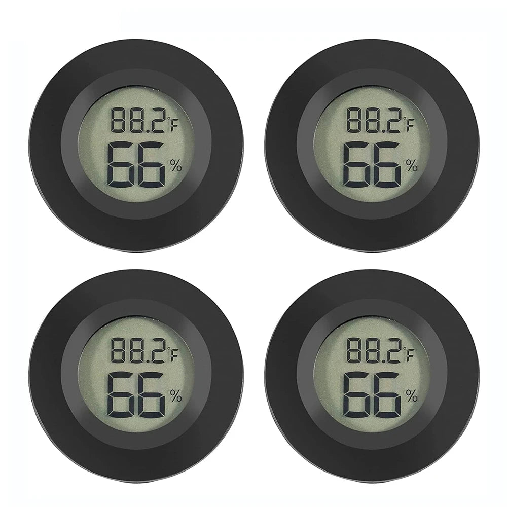 Four views of a black mini digital hygrometer thermometer showing 66 degrees and 88.2 degrees Fahrenheit