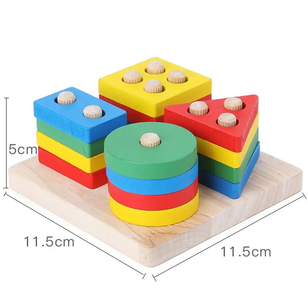 A set of colorful wooden stacking and sorting toys for toddlers, featuring five colored discs.