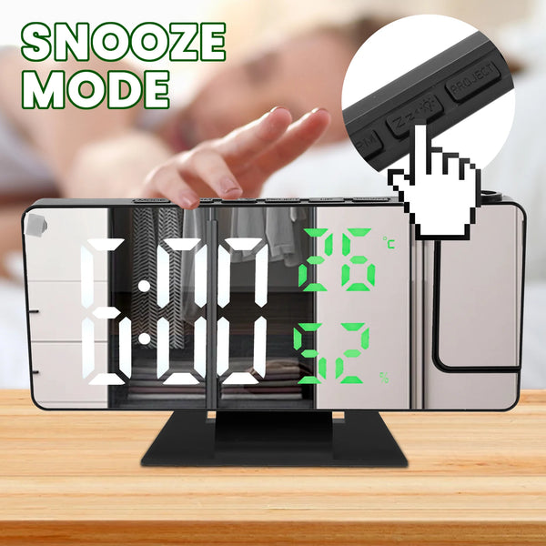 Digitaler Spiegel-Projektor-Wecker, zeigt 6:00 und Snooze-Modus-Anzeige.